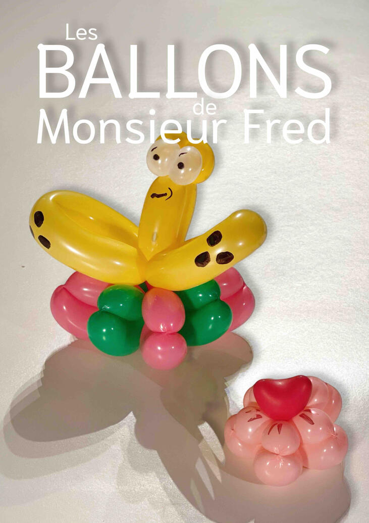 Illustration d’affiche présentant une animation de sculpture sur ballons décoratifs.