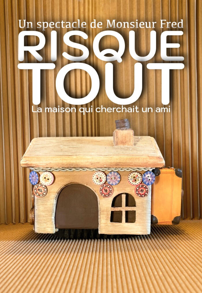 Visuel du spectacle Risque-Tout montrant le personnage entourée de décors ludiques.
