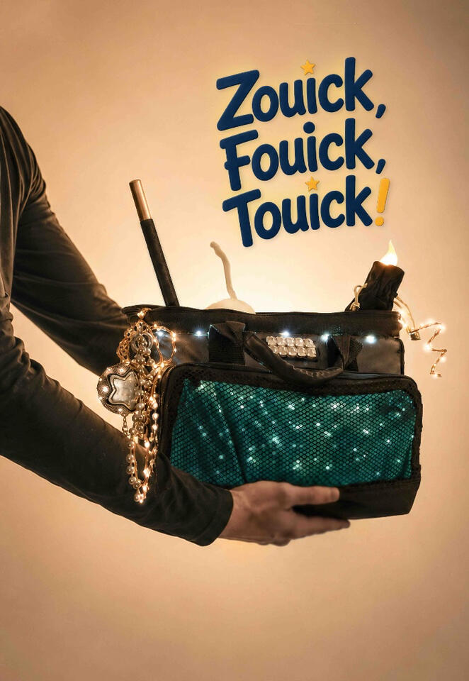 Zouick, Fouick, Touick ! Affiche du spectacle “Zouick, fouick, touick” : Monsieur Fred court dans un décor imaginaire rempli de souvenirs.