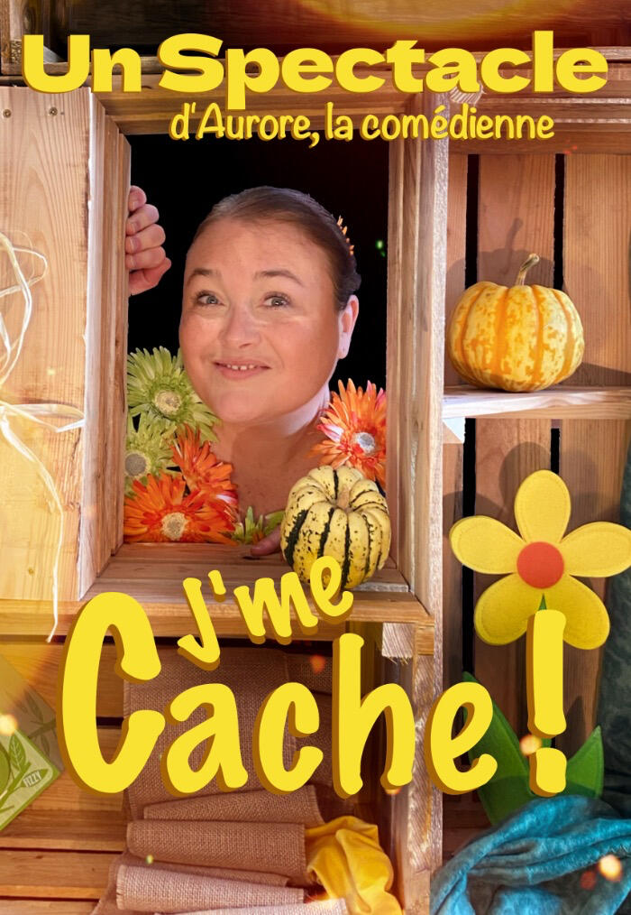 Affiche du spectacle : Aurore, conteuse, dans un décor en bois orné de fleurs colorées.